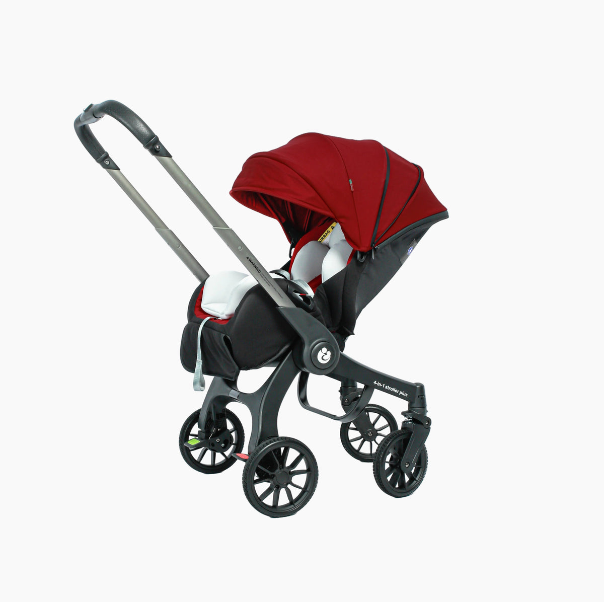 Red and black stroller on a white background