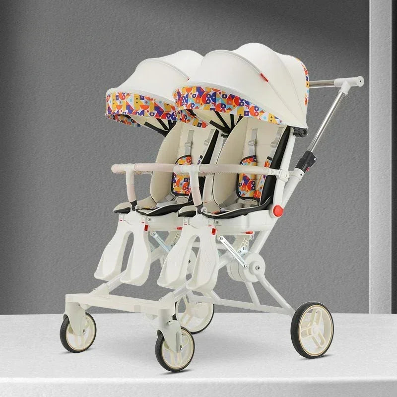 Poussette jumelle pliable à quatre roues 360°