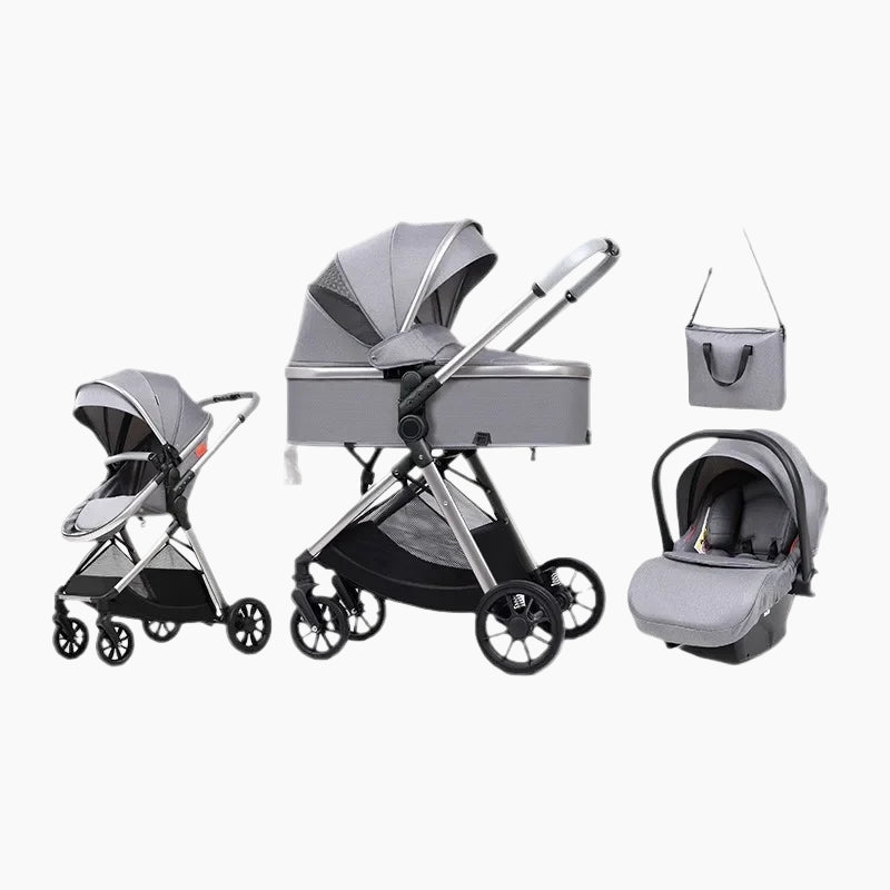 Gray baby stroller set with car seat and bag on a white background