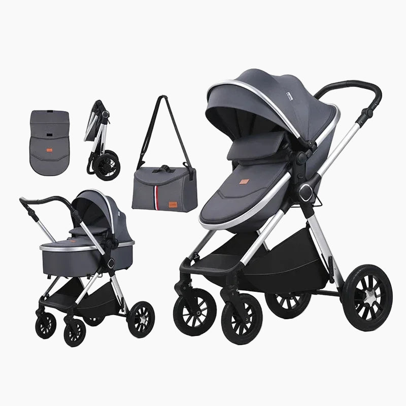 Gray baby stroller with accessories on a white background