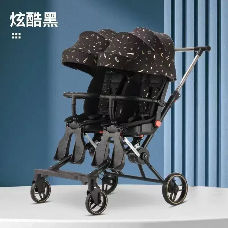 Poussette jumelle pliable à quatre roues 360°