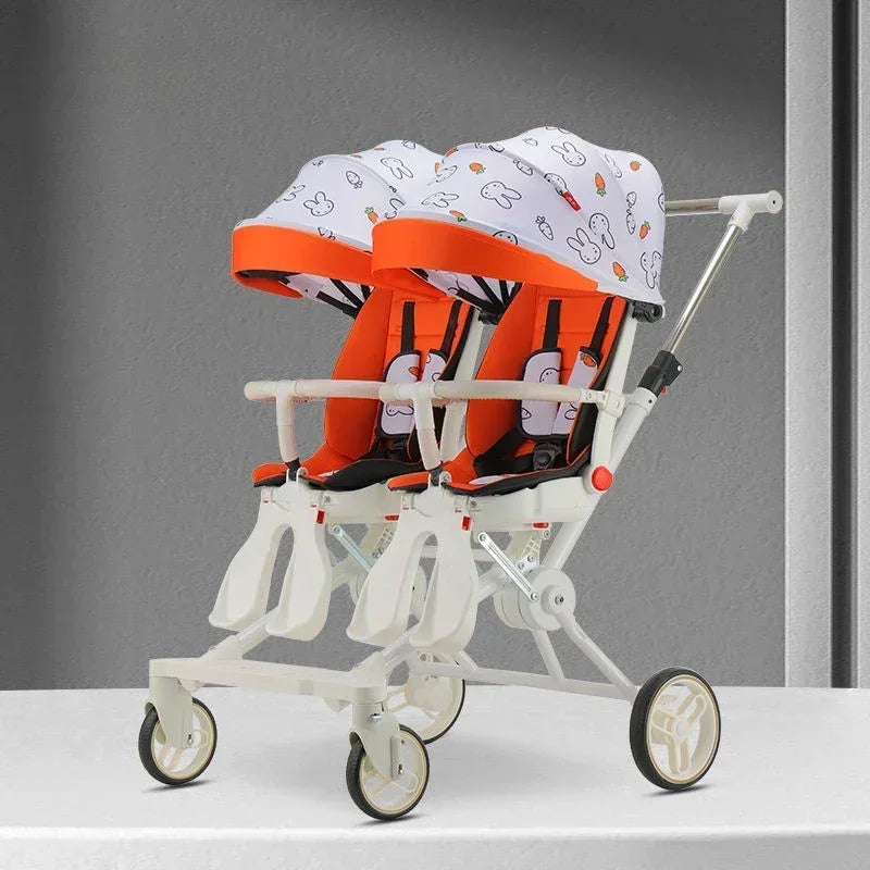 Poussette jumelle pliable à quatre roues 360°