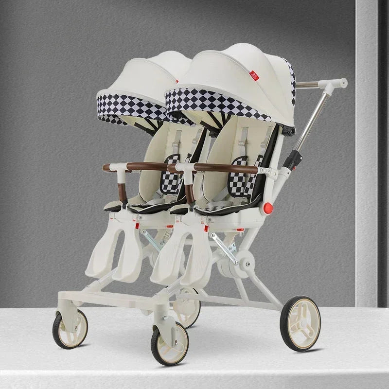Poussette jumelle pliable à quatre roues 360°